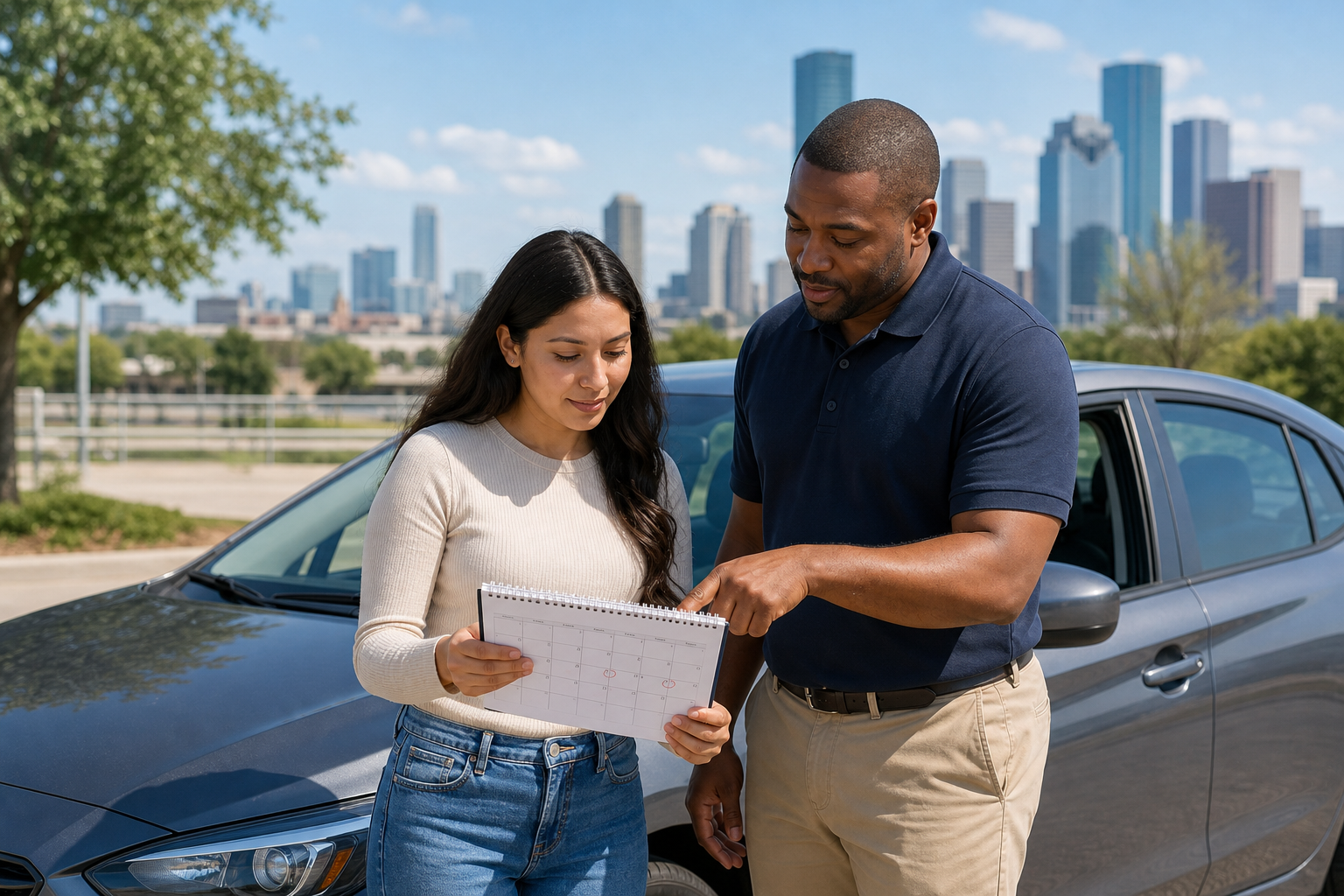 Student checking a Texas road test checklist with ITD certificate timing notes