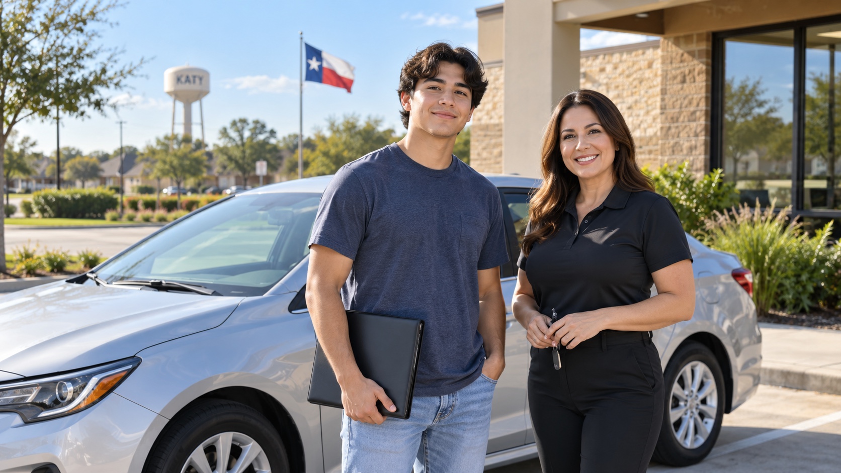 A young adult student with a professional driving instructor beside a training car in Katy, Texas
