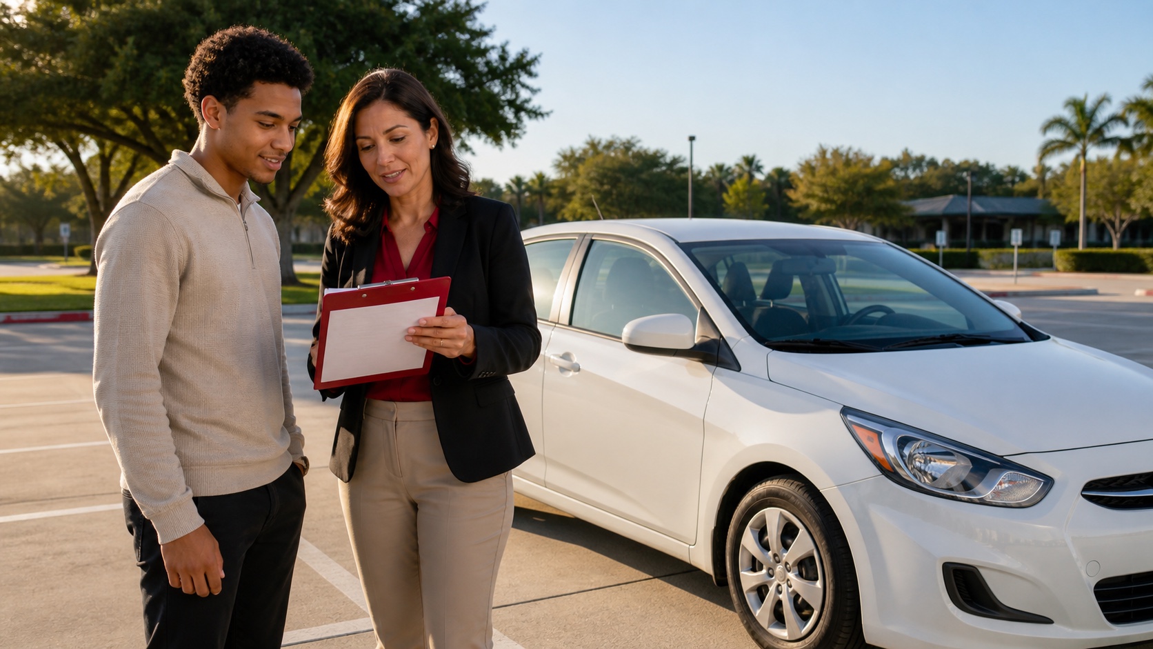 A driving instructor reviewing a road test checklist with a student beside a car