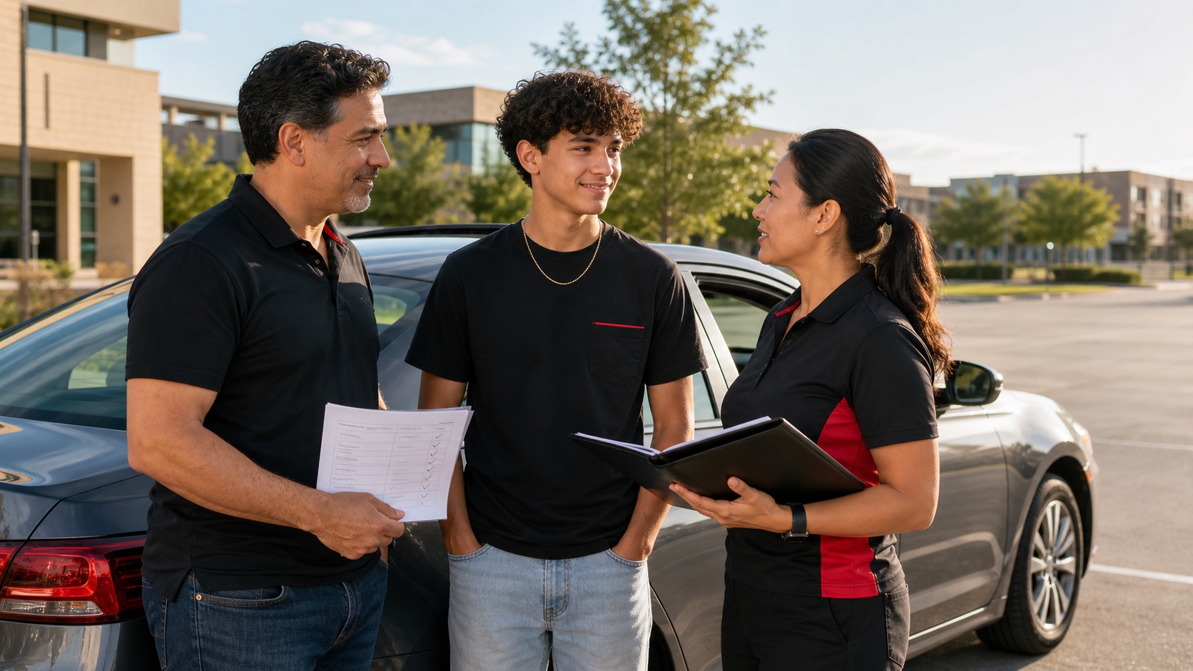 A Texas teen and parent reviewing a practice log with a professional driving instructor beside a training car