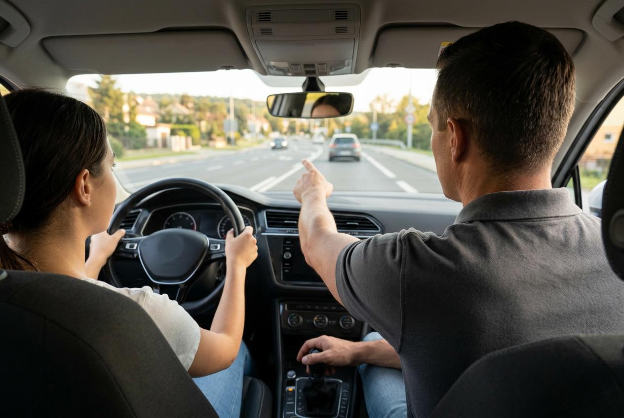 Learner driver receiving guidance from a driving instructor